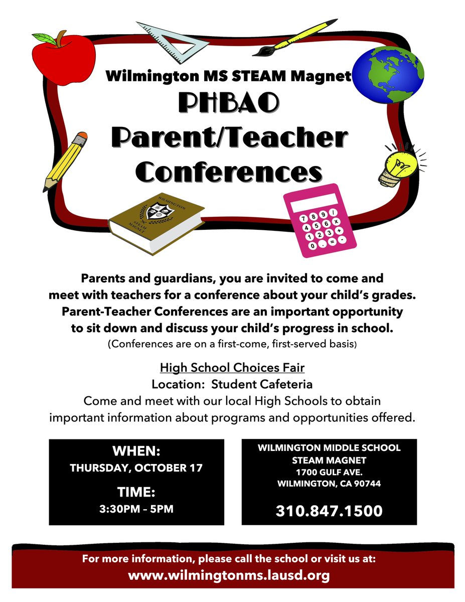 WMSsteamMagnet's tweet photo. Parent conferences!!!!  Thursday, October 17 from 3:30 PM to 5 PM. / Jueves 17, de octubre de 3:30 pm a 5 pm. https://t.co/DgNxExtpiw https://t.co/JEu1hnjH2b