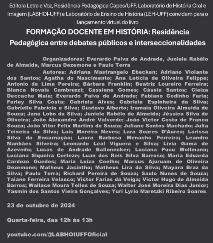 Lançamento virtual

23 de outubro de 2024
Quarta-feira, das 12h às 13h

Canal LABHOI UFF: youtube.com/@LABHOIUfFOfic…