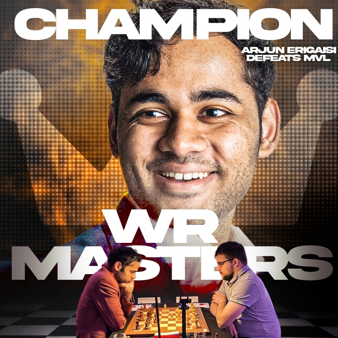 ChessbaseIndia's tweet photo. Big congratulations to Arjun Erigaisi for winning the WR Chess Masters Cup 2024! In a very tense finals match where both the classical games were drawn, Arjun took down Maxime Vachier-Lagrave with the Black pieces in the Armageddon game.
What a performance by the India no.1 player - he now leads the FIDE Circuit thanks to winning this very strong Classical Knockout tournament in London!
Graphic: Anmol Bhargav
#chess #chessbaseindia #arjunerigaisi