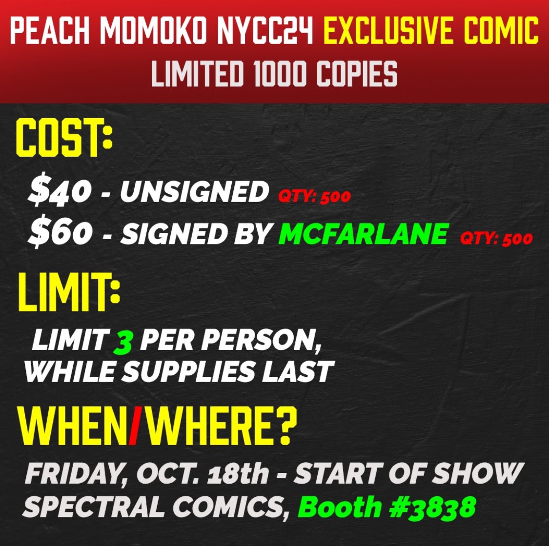 michaeljsmith0's tweet image. For anyone going to #NYCC that wants to be my best friend and pick up the Spawn 357 Peach Momko variant let me know and I will be happy to pay for your effort.