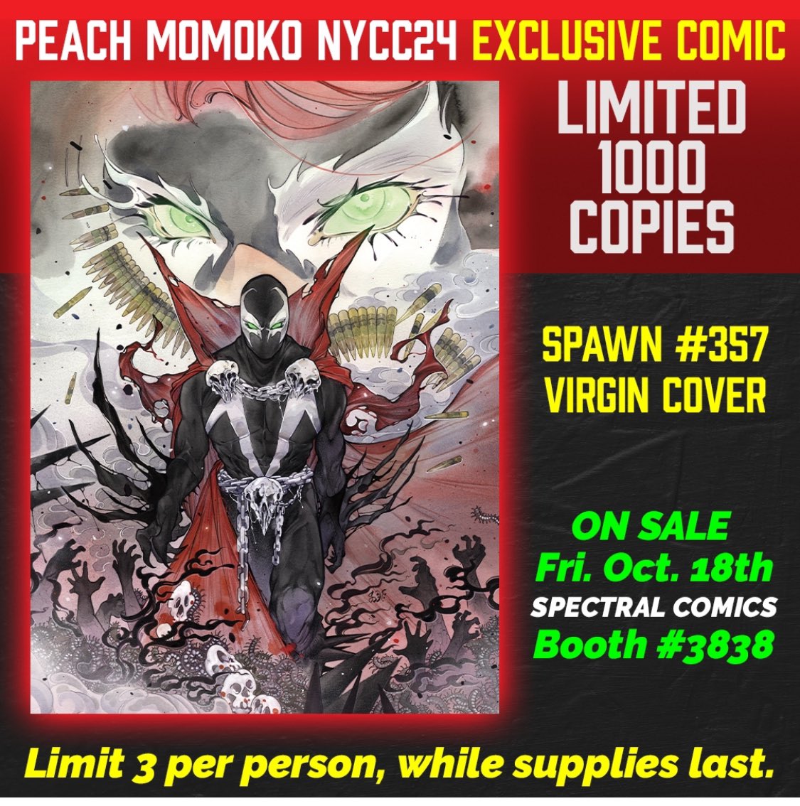 michaeljsmith0's tweet image. For anyone going to #NYCC that wants to be my best friend and pick up the Spawn 357 Peach Momko variant let me know and I will be happy to pay for your effort.