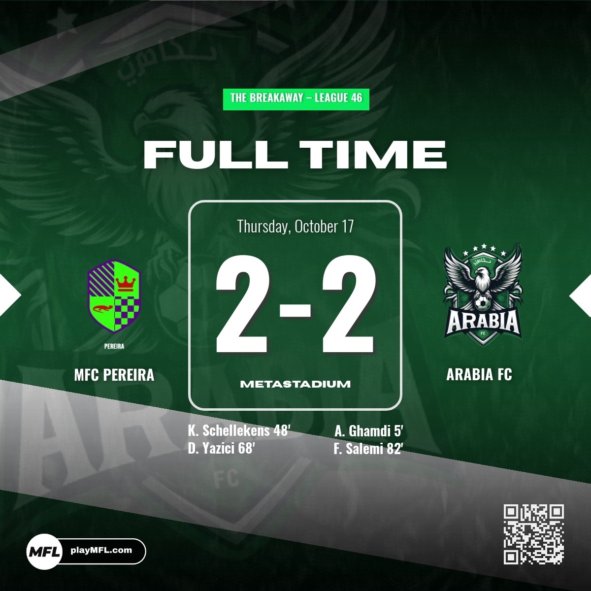 Arabia_MFC's tweet photo. LEAGUE GAME 8 - Farshid Salemi with an 89th minute equaliser to rescue us a point in a 2-2 draw against MFC Pereira! 🇸🇦 #playMFL https://t.co/i1S02fZYAf