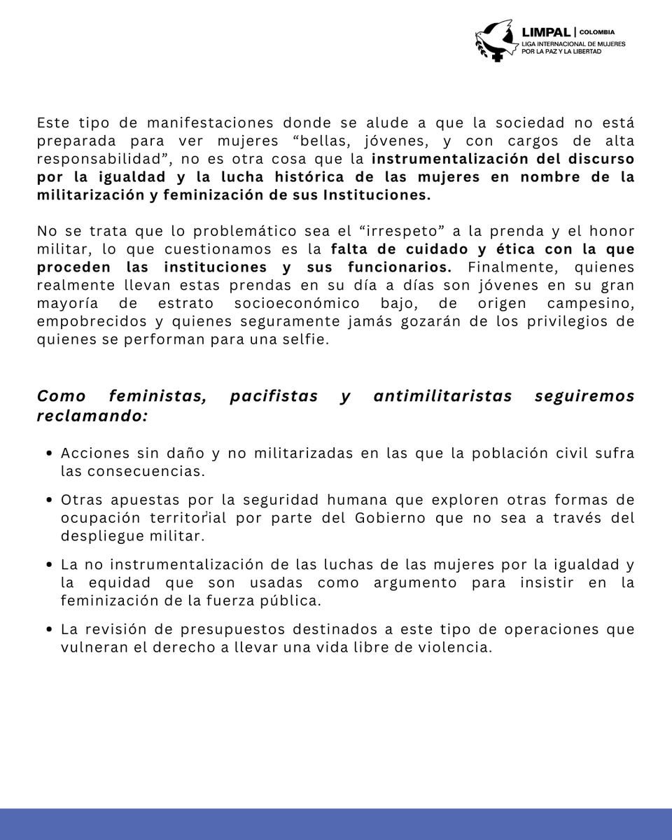 #Comunicado | Cuestionamos el uso de nuestras luchas en nombre de la "feminización" del sistema militarista y como estrategia para validar las incursiones militares en los territorios.
_
#Perseo #Plateado #Cauca #PazFeminista #Colombia #Paz