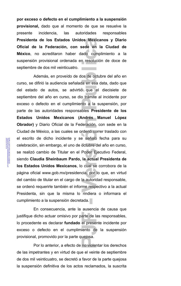 brauliolunan's tweet photo. #Ahora🚨| La jueza Nancy Juárez Salas otorga suspensión definitiva contra la reforma judicial.

Ordena a la presidenta @Claudiashein y al @DOF_SEGOB a que en un plazo de 24 horas eliminen la publicación de la Reforma.

Además apunta que, de no cumplirse la suspensión, dará vista al Ministerio Público por el delito que establece la fracción Ill del artículo 262 de la Ley de Amparo.