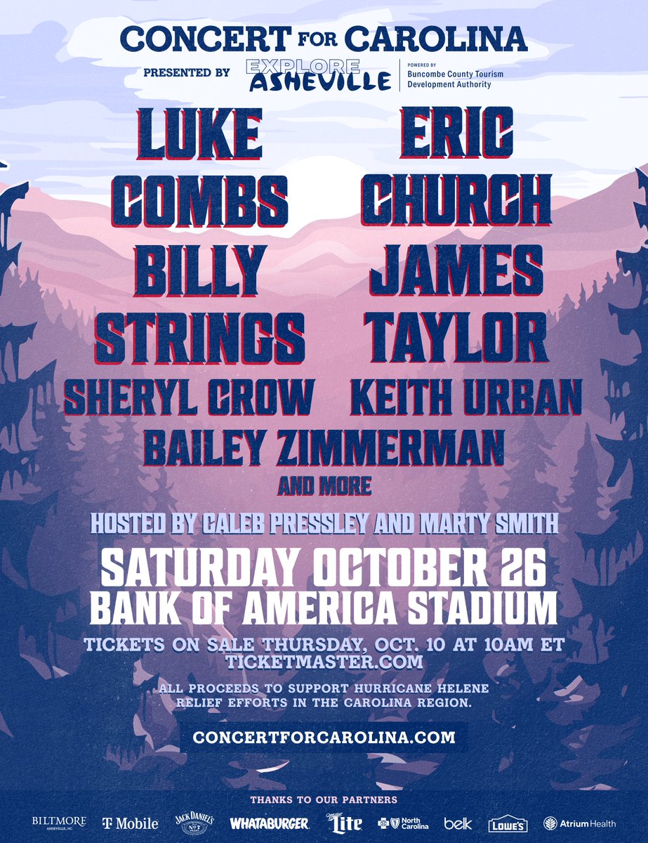 When Luke Combs, Eric Church, and James Taylor announced the relief aid Concert for Carolina (October 26), it sold out in hours. But a few VIP seats remain. Donate $250 to the Always Asheville Fund or bid on VIP packages to win. Enter at exploreasheville.com/concertforcaro… <a href="/VisitAsheville/">Visit Asheville</a>