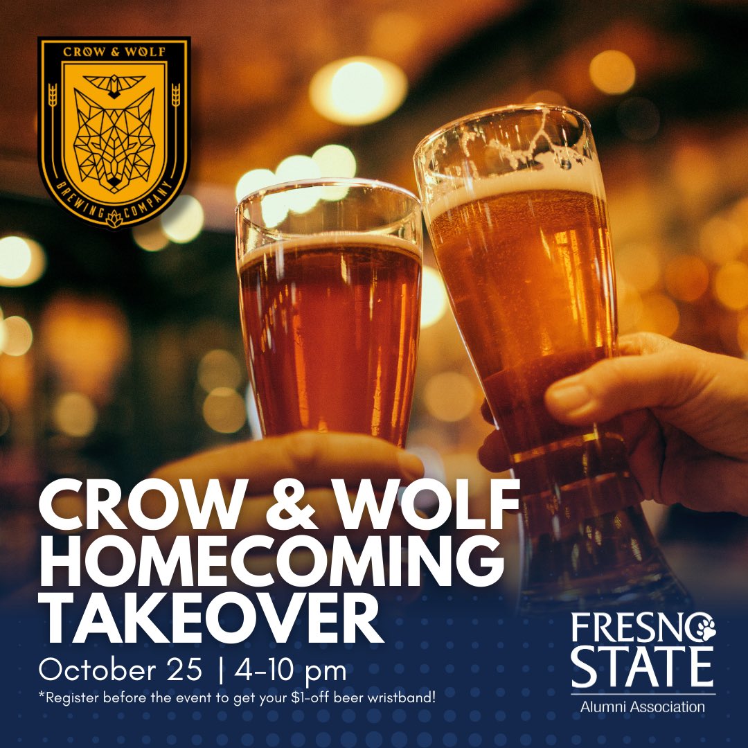 FresnoStateAlum's tweet image. Join us for the Crow & Wolf Homecoming Takeover 🍻 Register early for a $1-off beer wristband!
🎟️: bit.ly/fsaa-caw24