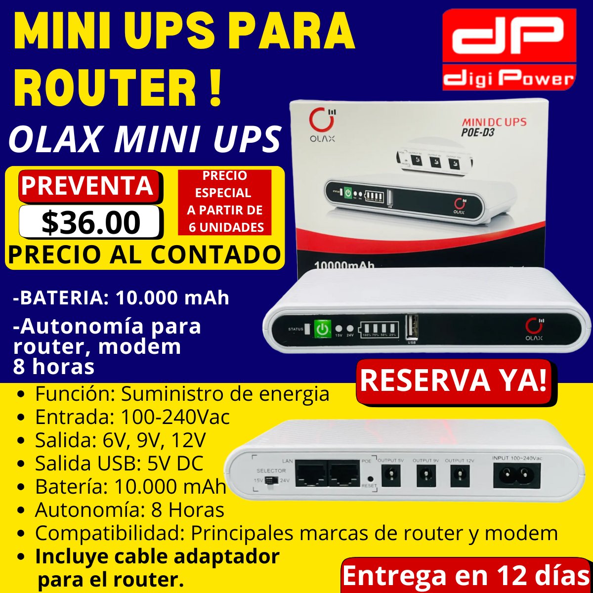DigiPower_ec's tweet image. Mini UPS Olax para router con 8 horas de autonomia! Reserva ya!
#MiniUPS #Olax #Preventa #ReservaYa #ConexiónSinInterrupciones #Autonomía #Ecuador #apagones #router #upsc #INTERNET 🚀🔋