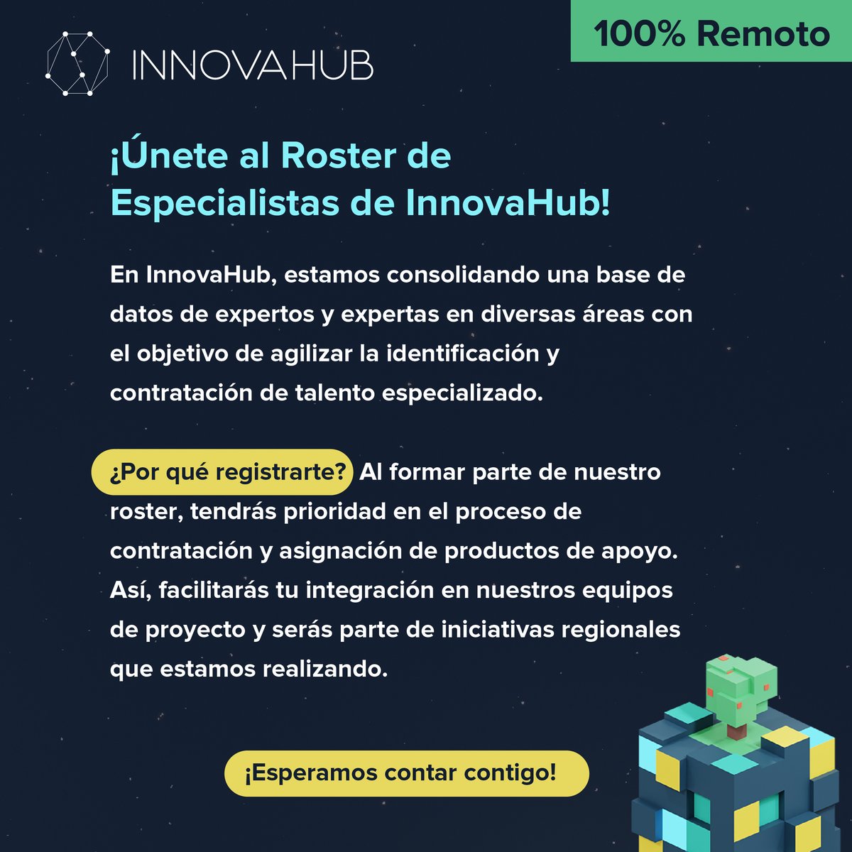 InnovaHubCol's tweet image. 📌 ¿Te interesa? Te invitamos a completar el formulario para sumarte a este equipo de especialistas y estar en la primera línea de selección para futuros proyectos.

👉 forms.gle/zoe5yBq8wFzNqM…