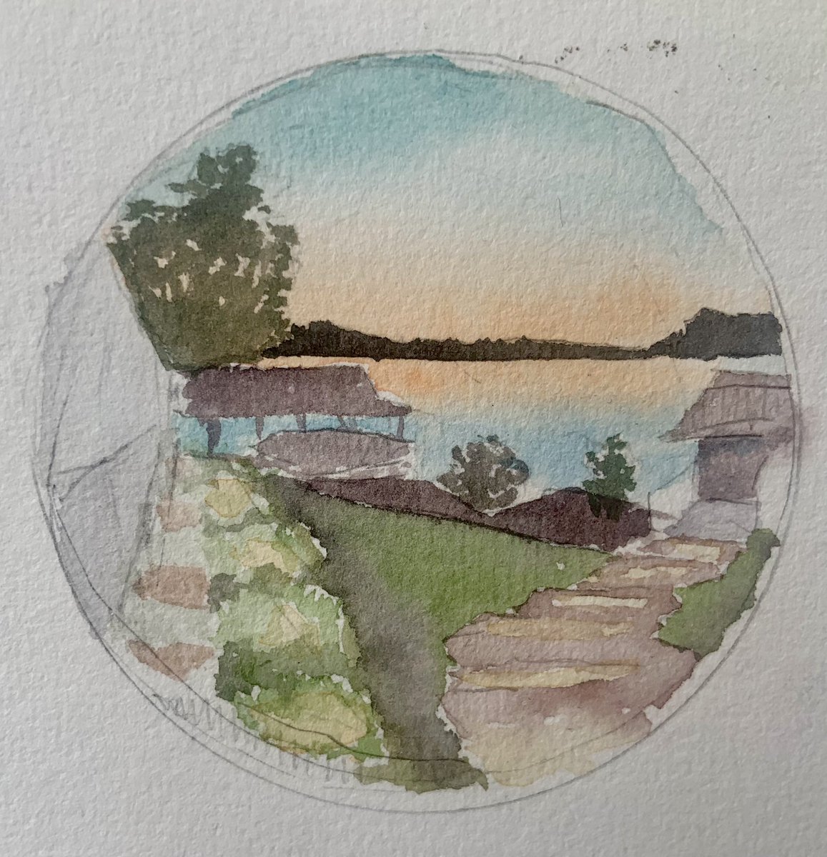lustrous__sage's tweet photo. a lil fisheye doodle. I was thinking about outlining the outer circle with pen. #painting #drawing #fisheye #lake #sunset #nature #landscape #Reflection https://t.co/UsThZgYnJ7