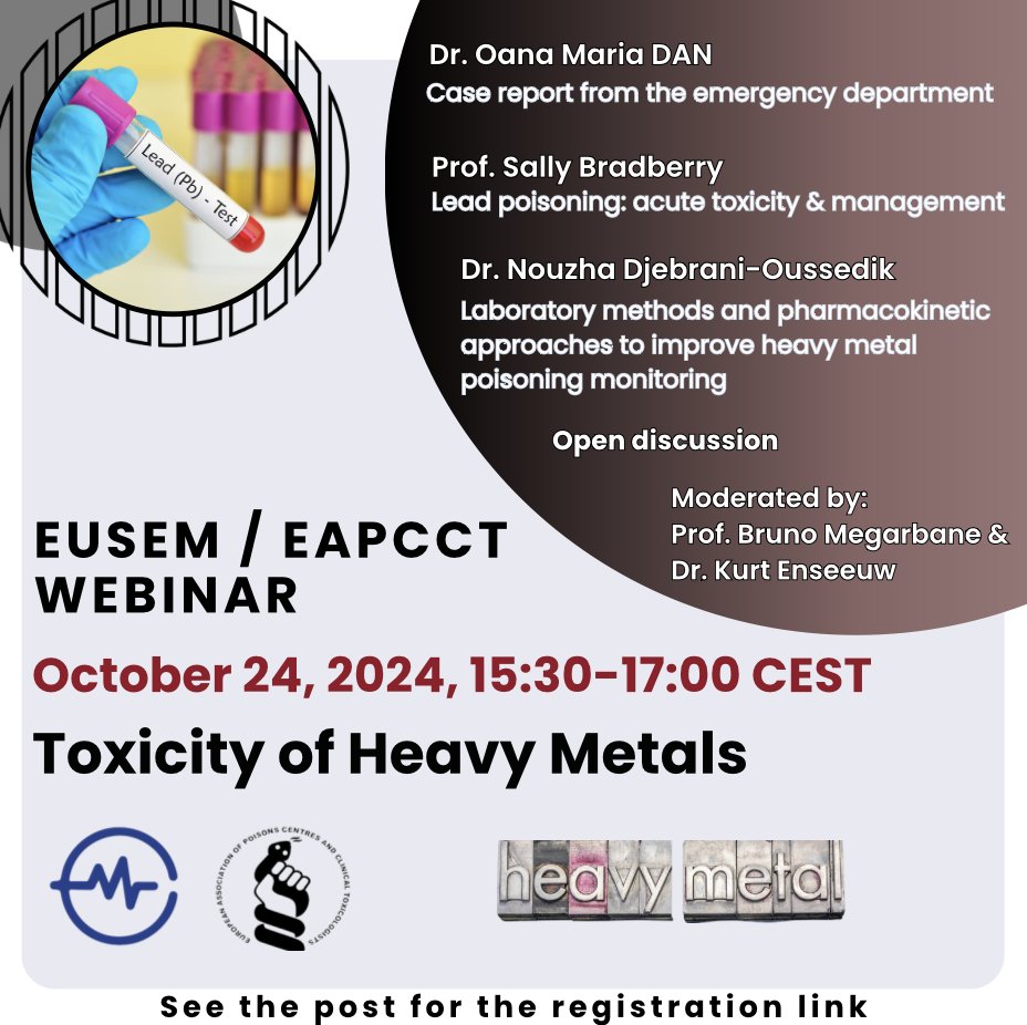 eapcct's tweet image. Join the EUSEM/EAPCCT webinar on the toxicity of heavy metals.
October 24, 2024, 15:30-17:00 CEST. See the updated program.
Registration link:  us02web.zoom.us/webinar/regist…
#eapcct #eusem #toxicology #webinar