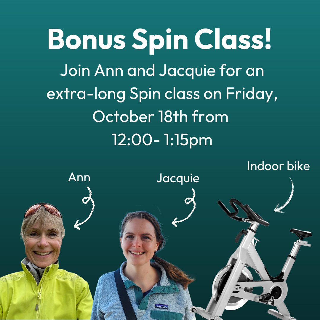 Join Ann and Jacquie for an extra-long Spin class tomorrow, October 18th, from 12:00- 1:15 pm. This class will be both fun and challenging! Register by calling 250-412-8500, or online at ow.ly/ify750TNWlB