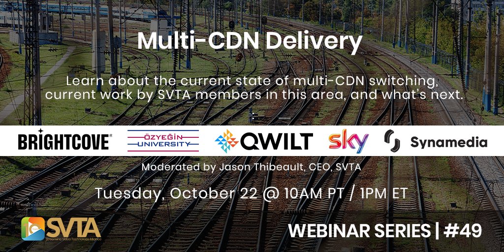 TheSVTA's tweet photo. Our #webinar series is back in full swing! Check out our current calendar, with more to come, and register for next week’s webinar on “Multi-CDN Delivery."

New #data solutions, such as CMCD, have come into the market, making #CDN switching easier for #streaming and other #contentdelivery applications. In this webinar, members of the SVTA Players & Playback group will talk about the current state of multi-CDN switching, some of the work being done in the group, and what’s next.

Attendance is free and open to all.

REGISTER NOW ▶️ https://t.co/XYKsjh35WO

Panelists include:
- Yuriy Reznik, @Brightcove 
- Panelist TBD, @Ozyeginuni
- Brett Mertens, @Qwilt
- Iuniana Oprescu, @SkyUK
- Gwendal Simon, @SynamediaVideo

Moderator: @_JasonThibeault, SVTA

#streamingtech #video #OTT