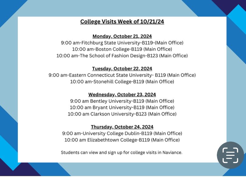 NorthNashua's tweet photo. Check out the College Rep visits in the line up for next week at Nashua North.  We have sone amazing options - sign up in Naviance if you’re interested in any! Hope to see you there. https://t.co/UQiJA3WDi8
