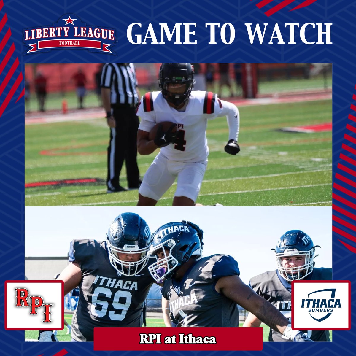 LIBERTY LEAGUE FOOTBALL GAME TO WATCH⁠
🏈: <a href="/RPIAthletics/">RPI Athletics</a> 🆚 <a href="/BomberSports/">Ithaca Bombers</a> 
🗓️: Sat. October 18
⏰: 1:00 p.m.
🏙: Ithaca, N.Y.