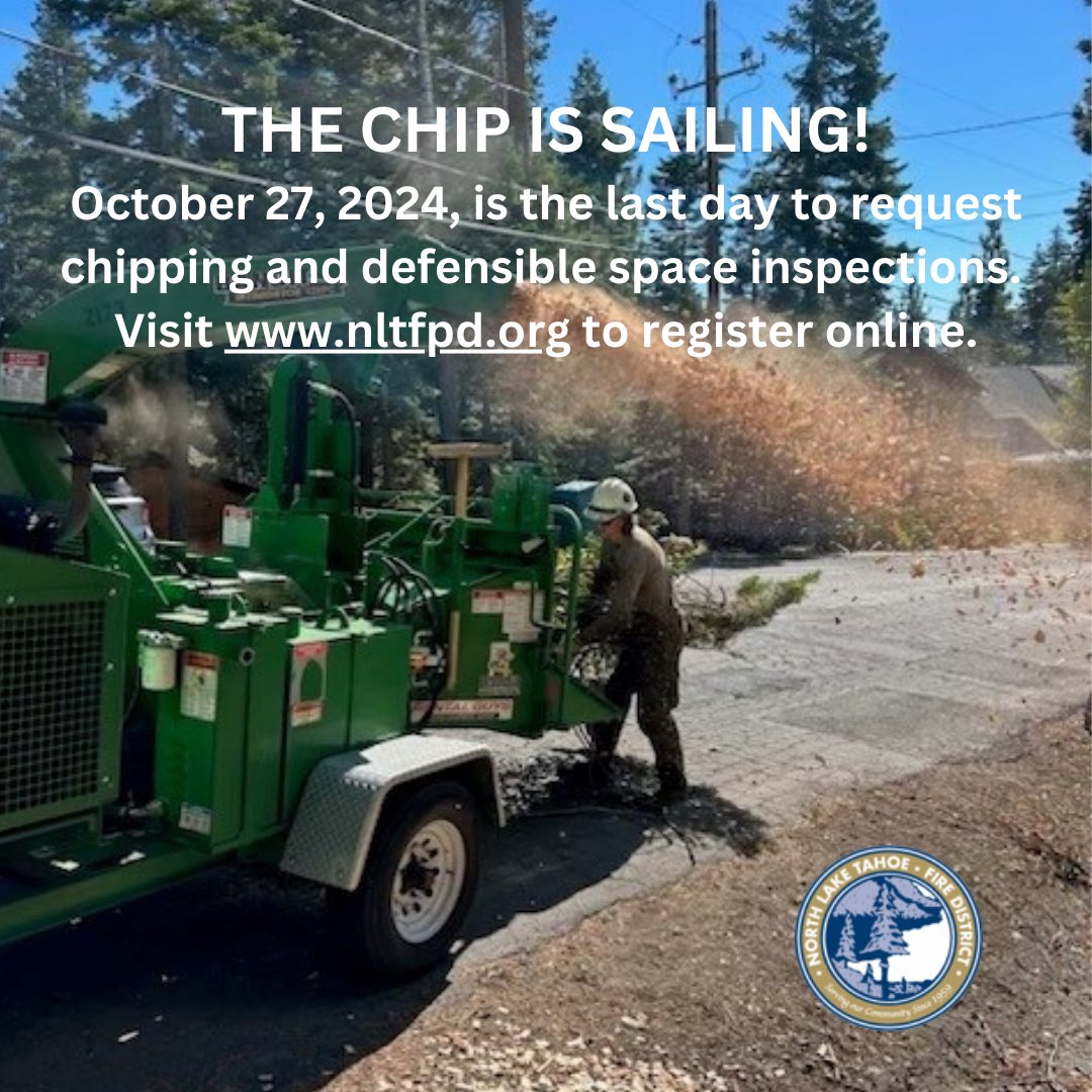 NLTahoeFire's tweet image. October 27th is the last day to request Defensible Space Inspection and Chipping Services.
Residential curbside waste collection will be offered September 30 – November 1, 2024, courtesy Waste Management.
Register online nltfpd.org
 
#DefensibleSpace
#FireSafety…