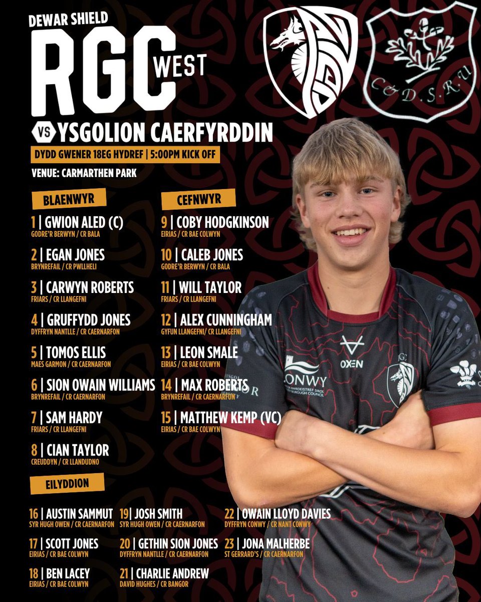 RGCCymuned's tweet photo. Cyhoeddiad Carfan / Squad Announcement 

Timau D16 Gorllewin ag Dwyrain @RGCNews fydd yn herio Ysgolion Caerfyrddin ag @RygbiCaerdydd fory. 

RGC West and East Squads that will face Cardiff East and Carmarthen Schools respectively in the Dewar Shield Competition tomorrow.

The boys have come from 14 clubs and 29 schools across the region. 

Pob lwc.