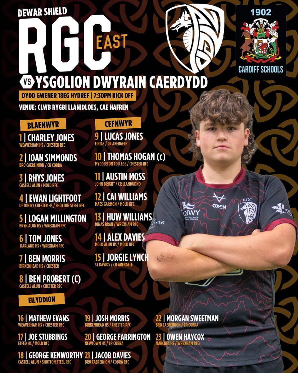 RGCCymuned's tweet photo. Cyhoeddiad Carfan / Squad Announcement 

Timau D16 Gorllewin ag Dwyrain @RGCNews fydd yn herio Ysgolion Caerfyrddin ag @RygbiCaerdydd fory. 

RGC West and East Squads that will face Cardiff East and Carmarthen Schools respectively in the Dewar Shield Competition tomorrow.

The boys have come from 14 clubs and 29 schools across the region. 

Pob lwc.