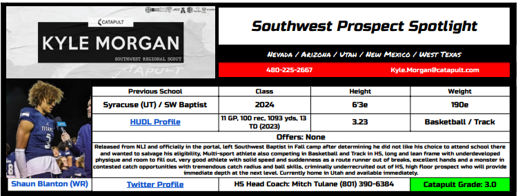 One of my favorite WR prospects in the 2024 class (<a href="/shaunblanton8/">Shaun Blanton</a>) is in the portal and looking for a new opportunity.