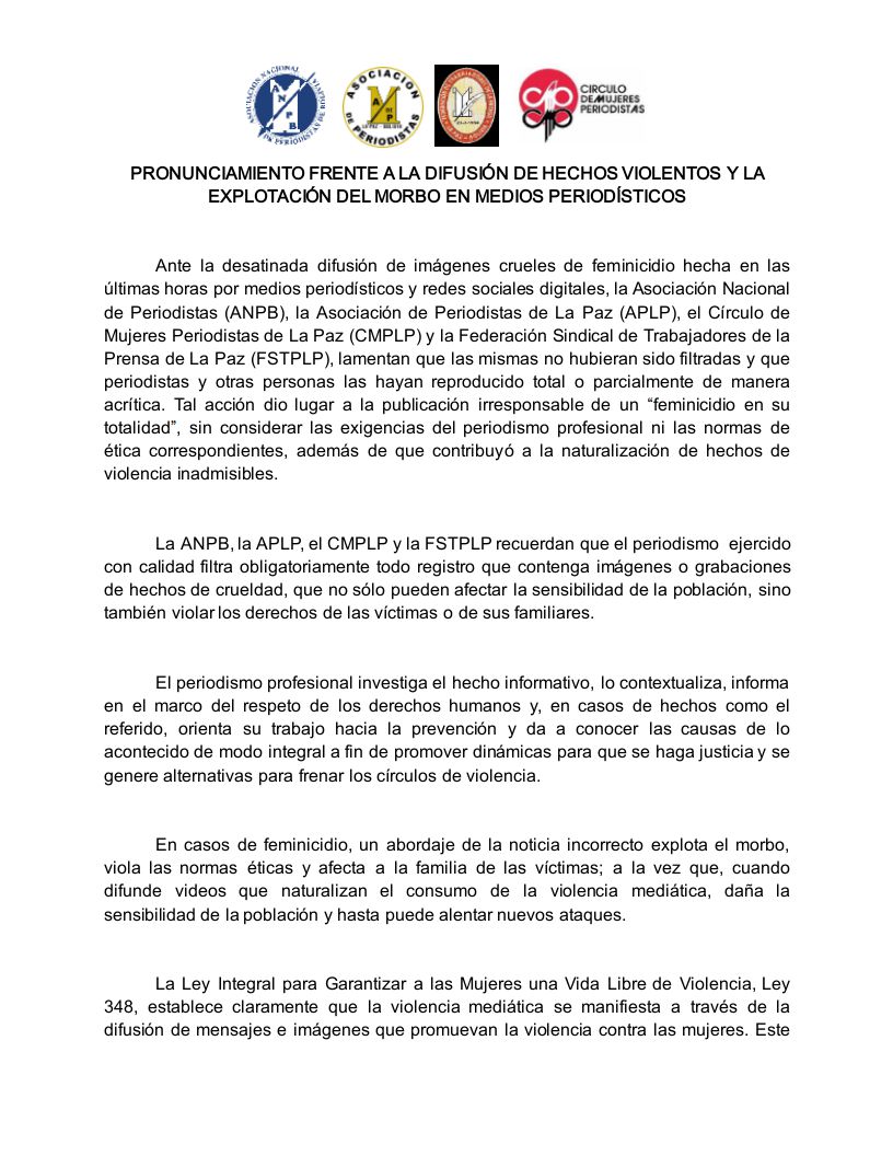 ErbolDigital's tweet photo. Asociaciones de periodistas rechazan el morbo y sensacionalismo en la difusión de imágenes crueles del feminicidio en Caranavi. Demandan a los medios noticiosos un tratamiento profesional, ajustado a la ética y los derechos humanos. https://t.co/yuc3L4LkZf