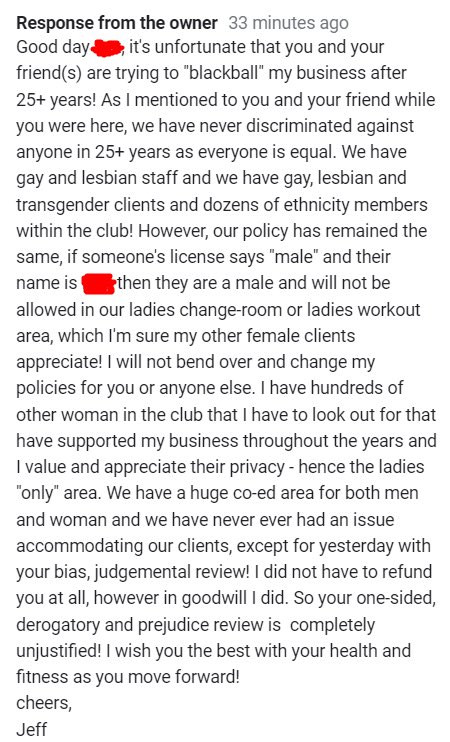 ConnieBellaVT's tweet photo. I went to a gym, got a membership, and cancelled because the owner is transphobic and told us that we’re not allowed in the ladies area or change room

My friend left a review and the owner went on an extremely hilarious transphobic rant lmfao https://t.co/ei2AG7kBwZ