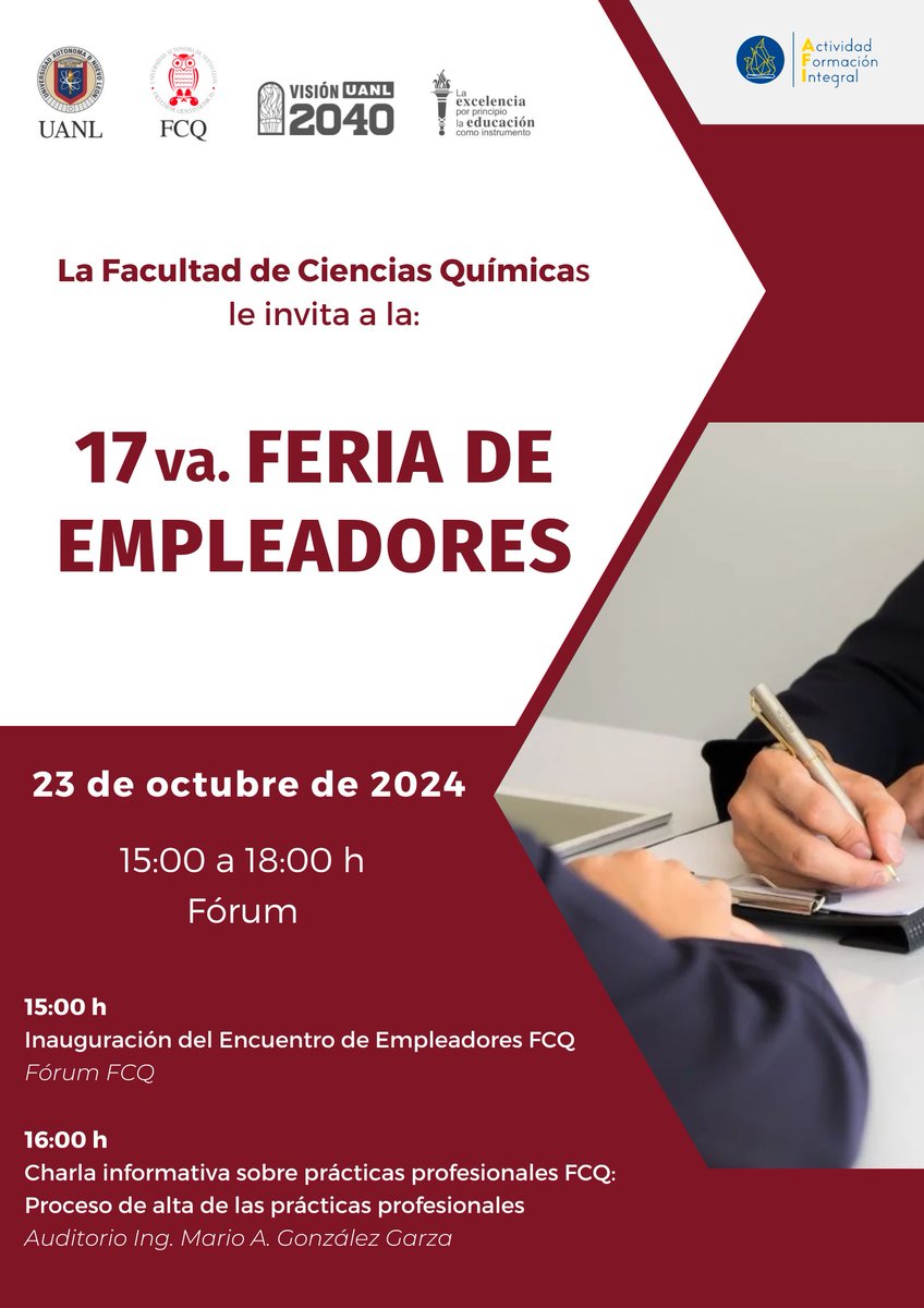 ¡No dejes pasar la oportunidad de reunirte con representantes de destacadas empresas!

Te esperamos en la 17va Feria de Empleadores FCQ, se llevará a cabo el miércoles 23 de octubre a partir de las 15:00 hrs.

#SoyFCQ 🦉