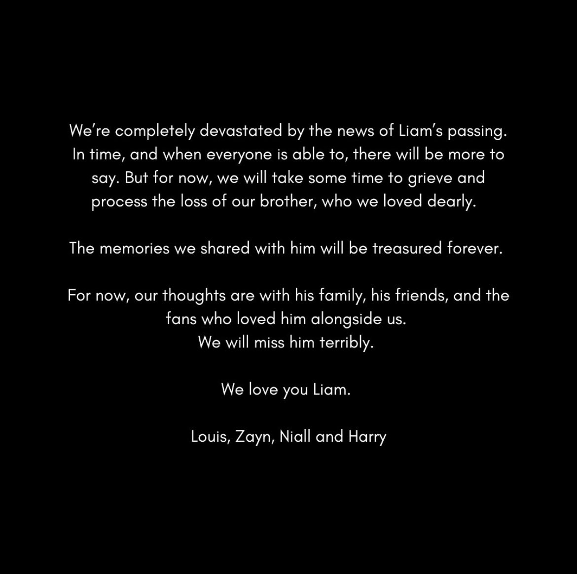 OT5Dailys's tweet photo. A message from Louis Tomlinson, Zayn Malik, Niall Horan and Harry Styles tributing Liam Payne https://t.co/M3jtUMd0y0