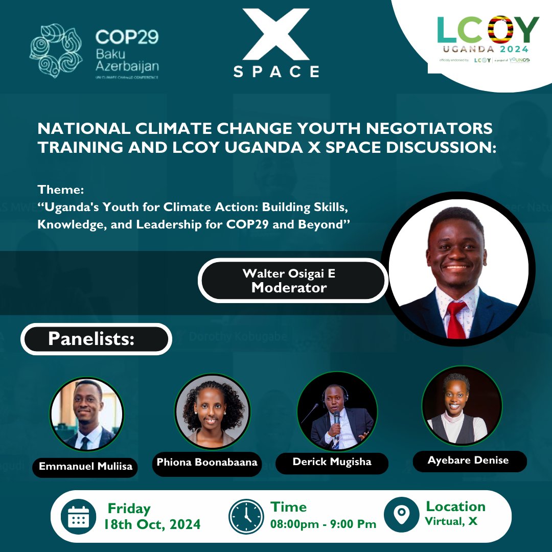 Join us on 18th October for an exciting X Space🗣️ on Climate Change and Biodiversity Youth Negotiators Training and LCOY. The discussion will focus on youth-driven climate action &amp; negotiations ahead of COP29.
Set a reminder &amp; join: x.com/i/spaces/1YpKk…

#COP29 #LCOYUganda2024