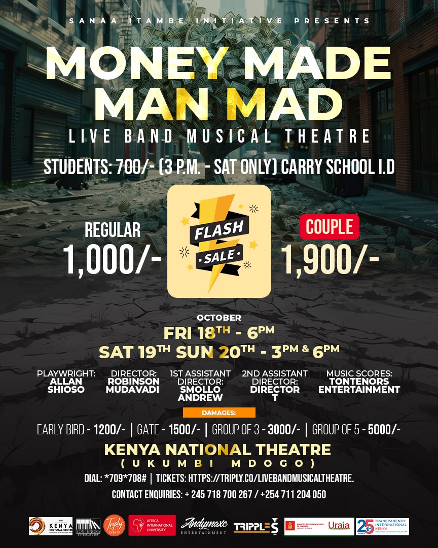 moenga_org's tweet photo. BREAKING NEWS 
Flash sale for the amazing live band musical #MoneyMadeManMad is here! Starting Friday 18th Oct 2024 - Sunday 20th Oct 2024 at The Kenya National Theatre. Use this link https://t.co/O2cPX34cJe https://t.co/x8U8pOdsMN