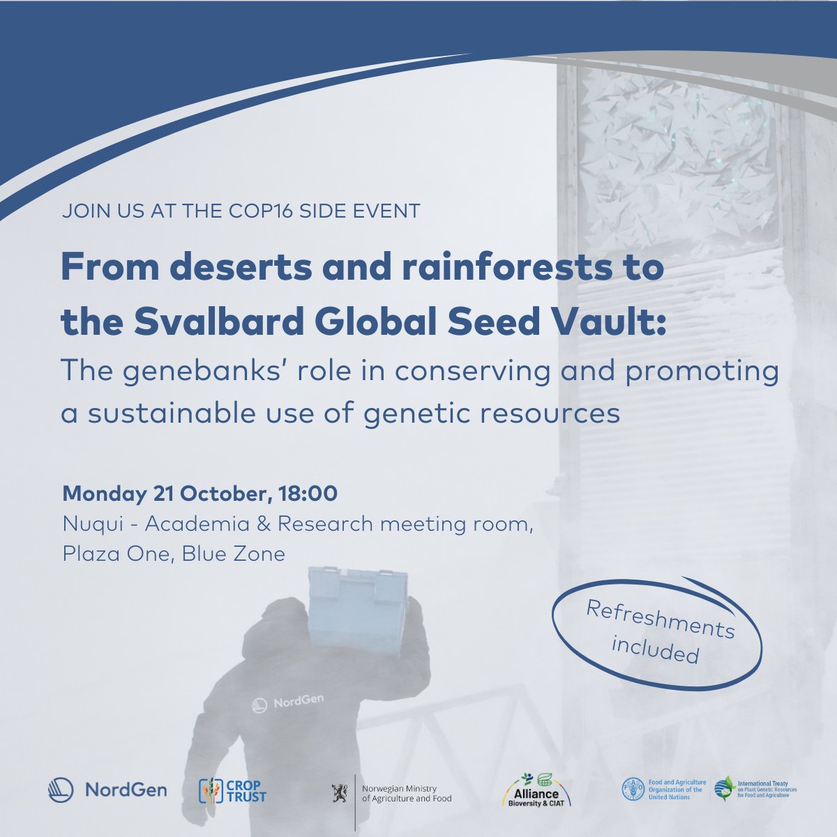 NordGen (@nordgen) on Twitter photo In #Cali for #COP16? Make sure to come by our side event to learn more about genebanks' work for #biodiversity and the importance of backing up seeds in #Svalbard <a href="/GlobalSeedVault/">Svalbard Seed Vault</a>!
đïž Monday 21 October
đ 18:00 COT
đ Nuqui - Academia & Research meeting room
#PeaceWithNature In #Cali for #COP16? Make sure to come by our side event to learn more about genebanks' work for #biodiversity and the importance of backing up seeds in #Svalbard <a href="/GlobalSeedVault/">Svalbard Seed Vault</a>!
đïž Monday 21 October
đ 18:00 COT
đ Nuqui - Academia & Research meeting room
#PeaceWithNature