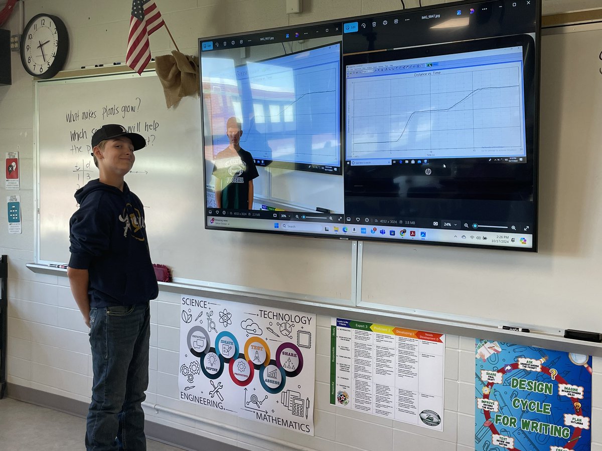 Today we used a motion sensor to digitally create distance vs time graphs. The students then tried to match their motion to the graph already created.... which of course turned into a competition.... #Engagement #STEMed