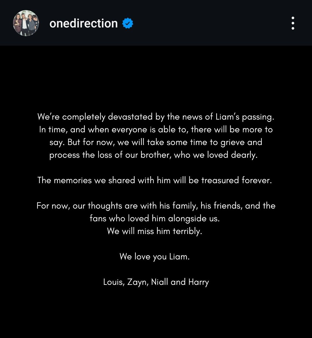 Ver sus nombres todos juntos por primera vez en casi una década y de esta forma es devastador en todo sentido.

Este es el comienzo de una reunión que no estaba destinada a suceder en estas trágicas circunstancias.

Louis, junto con Zayn, Niall y Harry a través de One Direction.