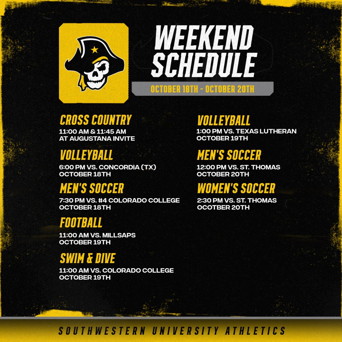 A big weekend at home for Southwestern Athletics. Make SURE to come out and support your Pirates this Friday, Saturday, and Sunday 🏴‍☠️