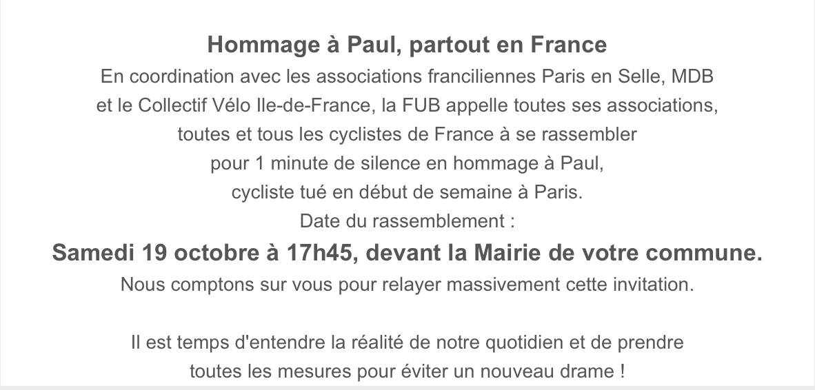 Rendez-vous ce Samedi 19 octobre à 17h45, devant la Mairie de Metz, place d'armes, pour rendre hommage à Paul Varry, cycliste militant mort écrasé cette semaine à Paris. #JeSuisPaul
