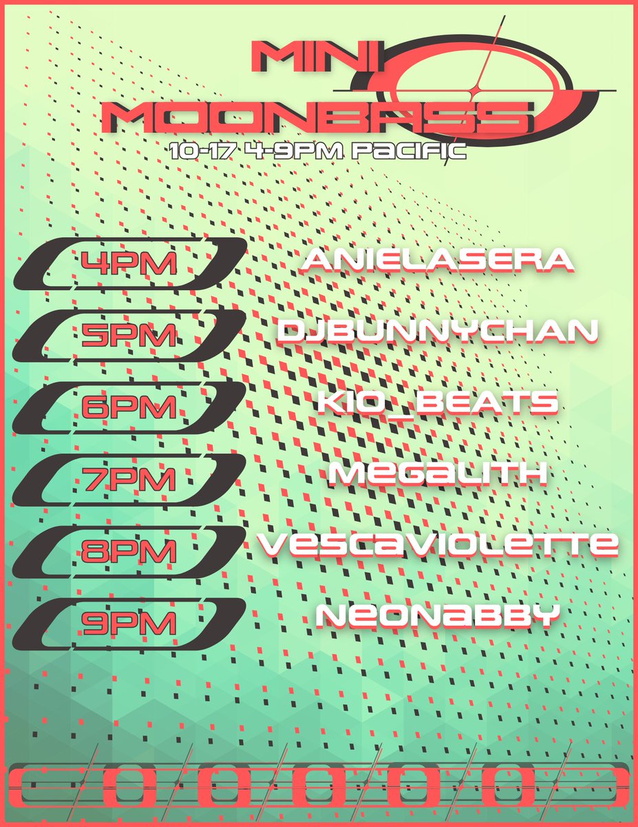 MOONBASS STARTS TONIGHT

neonAbby &amp; Drum n' Blahaj Presents: MINI MOONBASS

Tonight we bring you 6 amazing DJs to send you to the Mini Moon with BASS! 

WHEN: Thursday, Oct. 17th, 4PM to 10PM PDT

RaidPal Link: raidpal.com/en/event/mini-…
