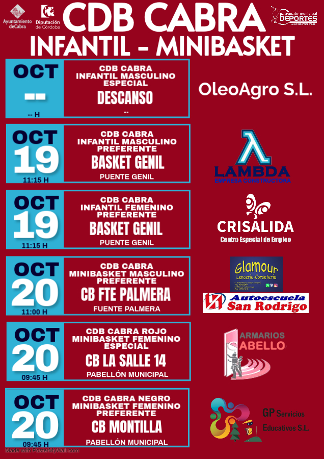 Y ésta es la agenda para el inminente fin de semana para nuestros equipos de cantera, hasta 9 partidos entre sábado y domingo,  todos en los que actuamos como locales, en nuestro Pabellón de deportes. 
Ven a apoyar a nuestr@s chic@s y disfrutar del basket.

#agendacdbcabra