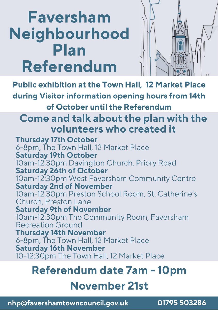 Faversham Neighbourhood Plan Referendum Exhibition is now open at the Town Hall, 12 Market Place until the referendum on Thursday 21st November. 
The exhibition will also be touring, please see the leaflet for details.