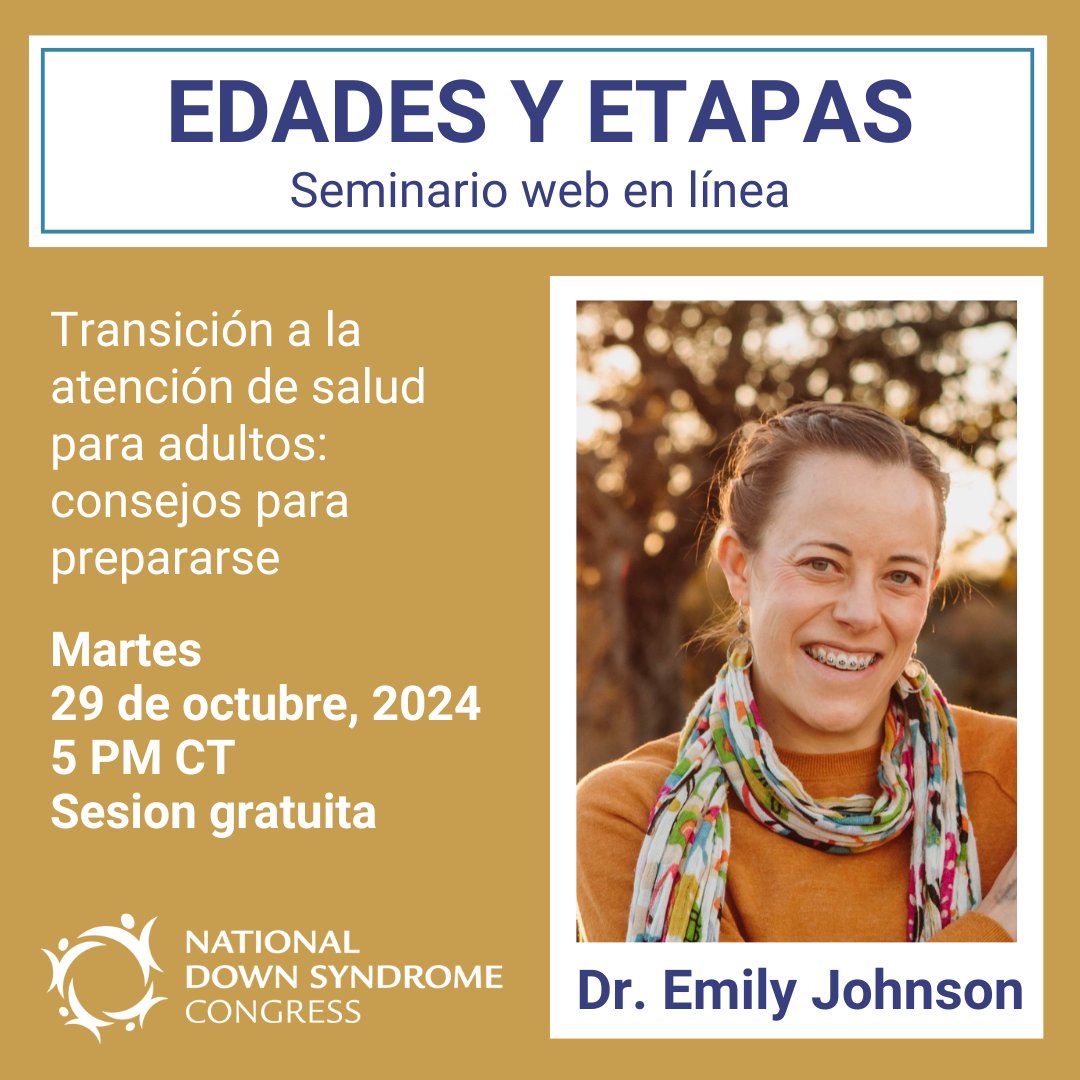 Spanish Webinar Alert 🚨

Transición a la atención de salud para adultos: consejos para prepararse
Martes
29 de octubre, 2024
5:00 PM CT

Regístrate hoy: attendee.gotowebinar.com/register/36451…

#NDSC #downsyndrome