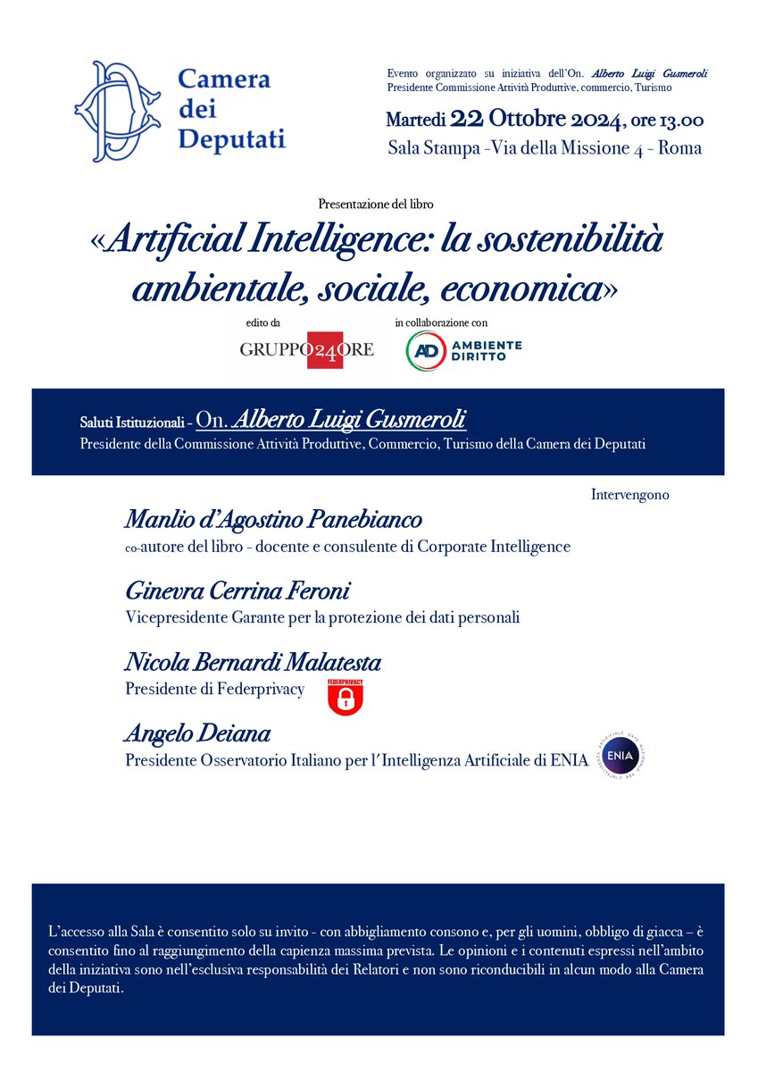 Non ci fermiamo mai... #martedì22, grazie a Manlio d'Agostino Panebianco, sarò alla Camera dei deputati per la #presentazione del libro "#AI: la #sostenibilità ambientale, sociale, economica"

#Confassociazioni #laretedellereti #IA #ESG #intelligenzaartificiale