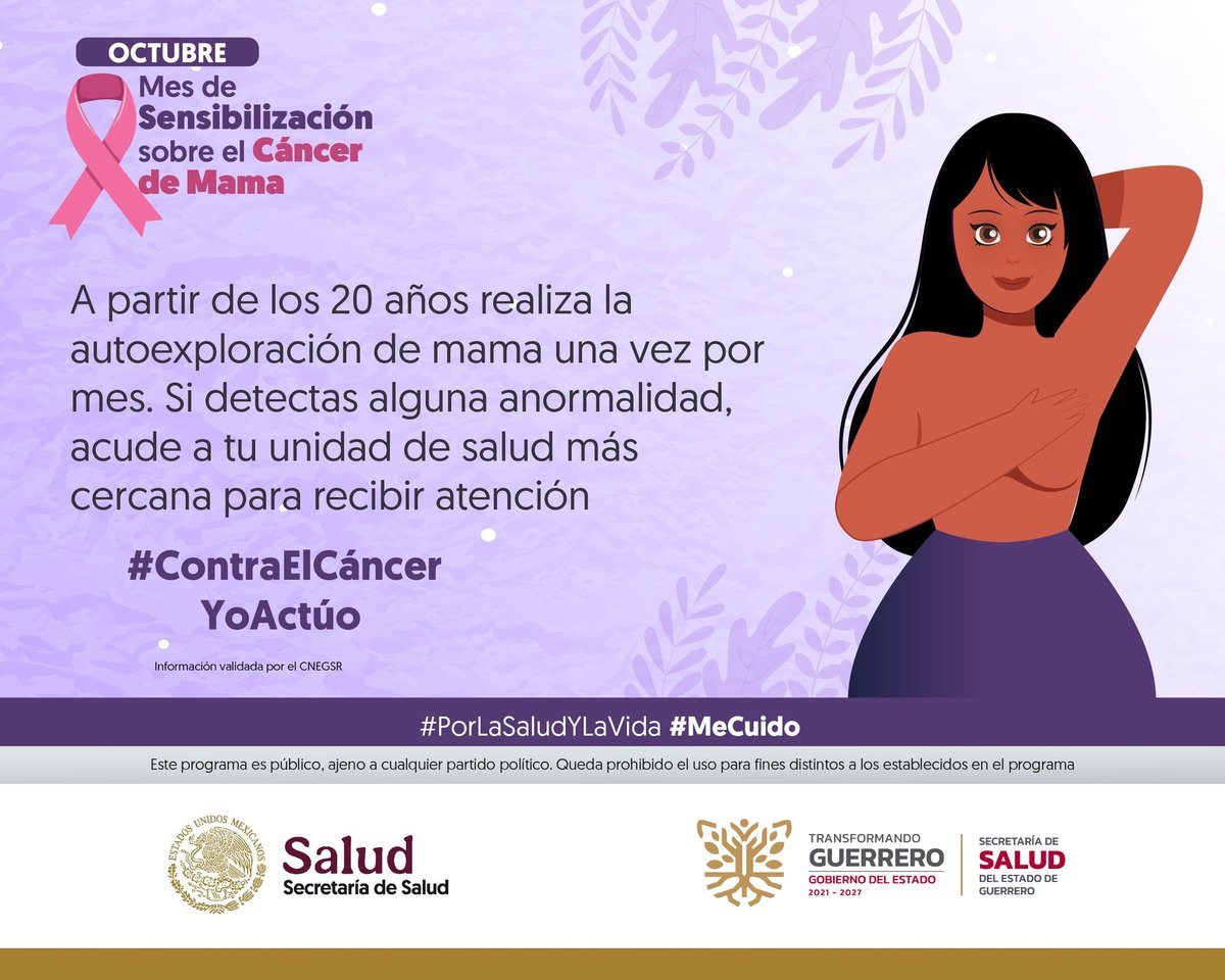 SejuveGuerrero's tweet image. Octubre I Mes de la Sensibilización sobre el #CáncerDeMama 🩺

La autoexploración de las mamas es una opción para las mujeres después de cumplir 20 años de edad; si detectas cambios acude a tu unidad de salud lo antes posible.

#Observo #Toco #Siento 👁️✋👐