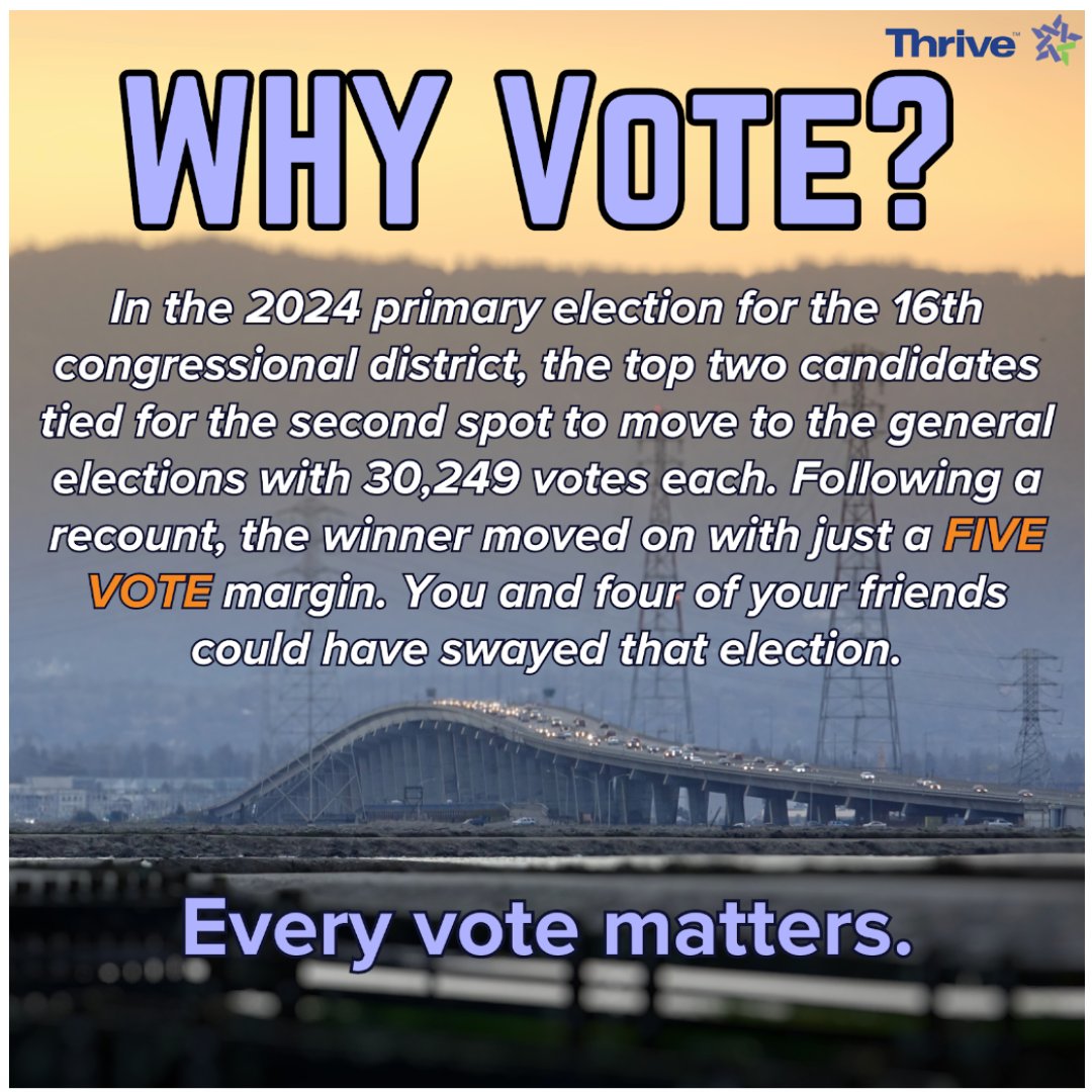 In a recent primary election, a candidate advanced by just FIVE votes! Your vote truly matters. Gather your friends and family, and make sure your voice is heard this election season. Every vote counts!