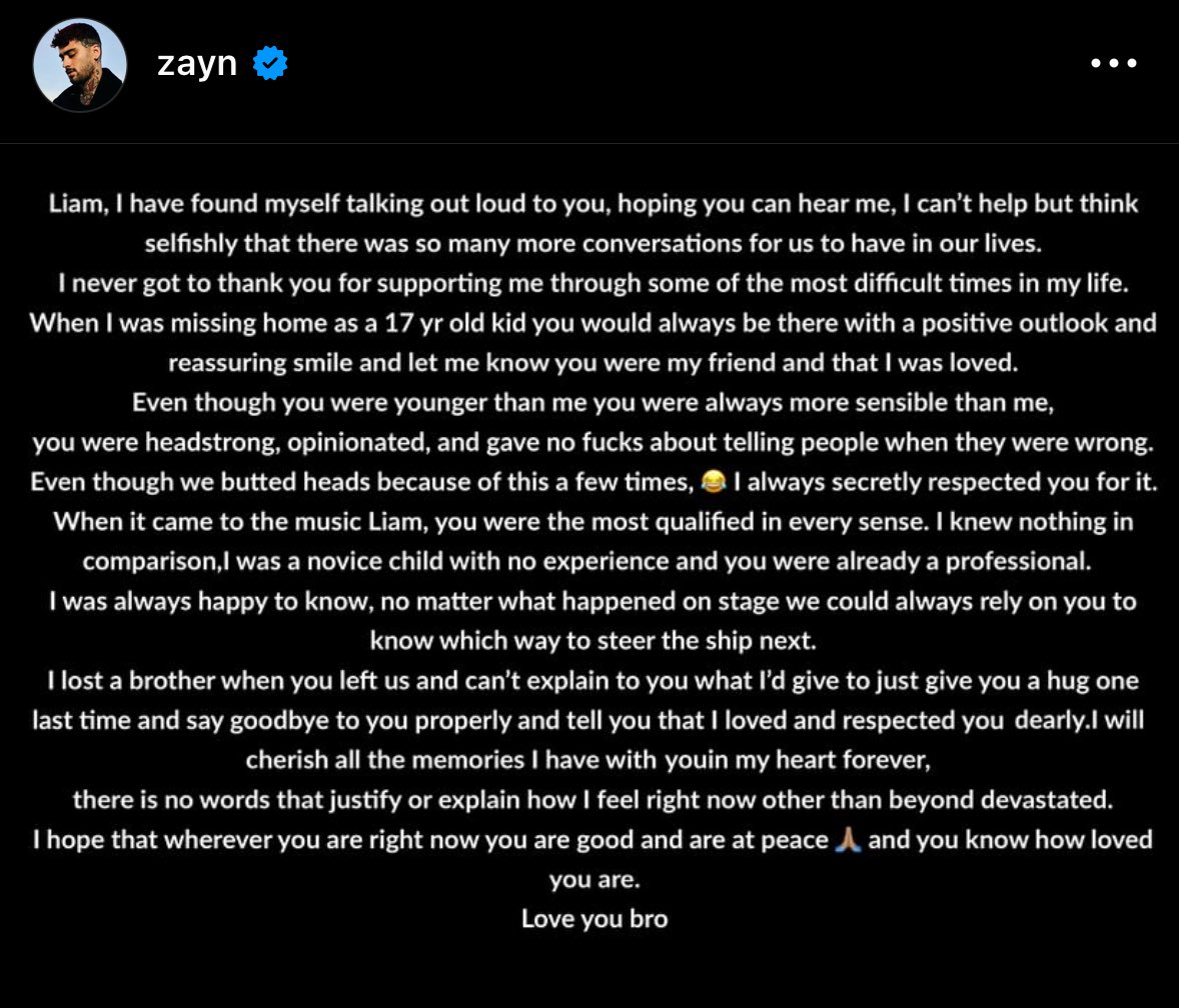 musictrendscol's tweet photo. #EsTendencia: Zayn se toma sus redes sociales para compartir su mensaje de despedida para Liam 😭❤️‍🩹 https://t.co/BJVziJgujC