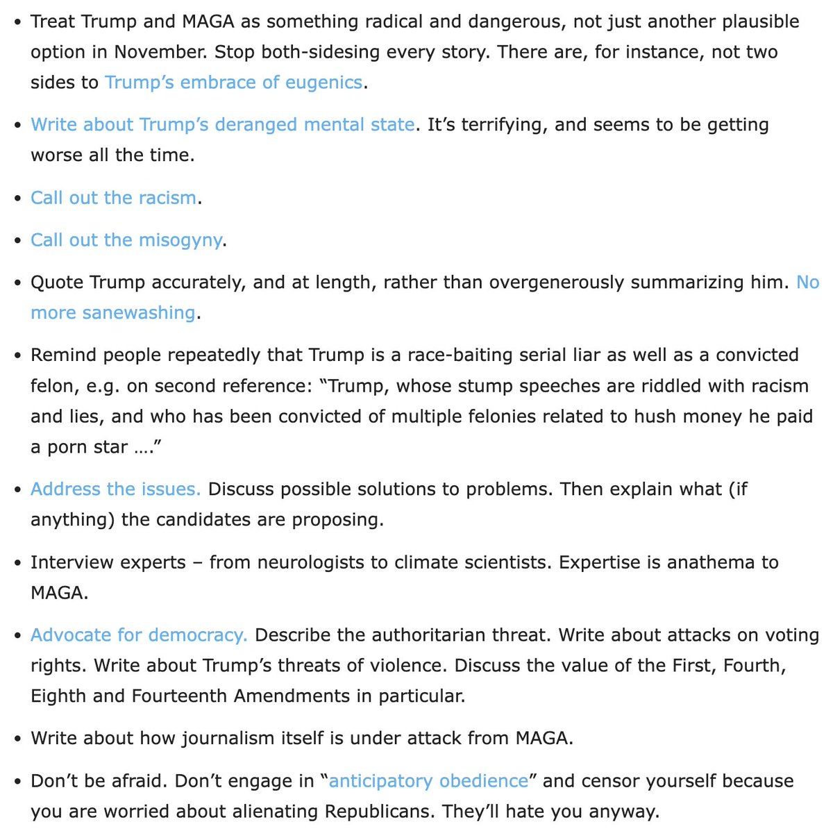 Jay Rosen (@jayrosen_nyu) on Twitter photo "Our top political journalists are fully aware that Trump is deranged," writes <a href="/froomkin/">Dan Froomkin (PressWatchers.org)</a>... "with wildly destructive and authoritarian plans for the government should he win." presswatchers.org/2024/10/maga-i…
What should these journalists be doing? "Our top political journalists are fully aware that Trump is deranged," writes <a href="/froomkin/">Dan Froomkin (PressWatchers.org)</a>... "with wildly destructive and authoritarian plans for the government should he win." presswatchers.org/2024/10/maga-i…
What should these journalists be doing?