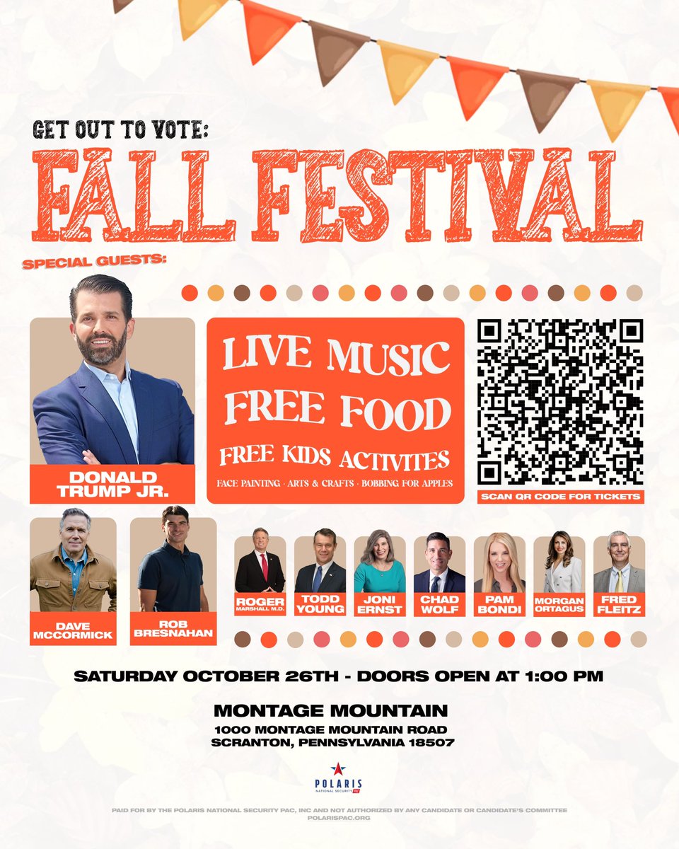 Morgan Ortagus (@morganortagus) on Twitter photo 🚨EXCITING EVENT ALERT with <a href="/DonaldJTrumpJr/">Donald Trump Jr.</a>
Join us Saturday October 26th from 1-4pm in Scranton, PA for a Get out the Vote Fall Festival! 🍂
In addition to Don Jr. we will be joined by special guests <a href="/DaveMcCormickPA/">Dave McCormick</a>, <a href="/Rob4PA/">Rob Bresnahan</a>, and MORE!
RSVP here: eventbrite.com/e/gotv-fall-fe… 🚨EXCITING EVENT ALERT with <a href="/DonaldJTrumpJr/">Donald Trump Jr.</a>
Join us Saturday October 26th from 1-4pm in Scranton, PA for a Get out the Vote Fall Festival! 🍂
In addition to Don Jr. we will be joined by special guests <a href="/DaveMcCormickPA/">Dave McCormick</a>, <a href="/Rob4PA/">Rob Bresnahan</a>, and MORE!
RSVP here: eventbrite.com/e/gotv-fall-fe…