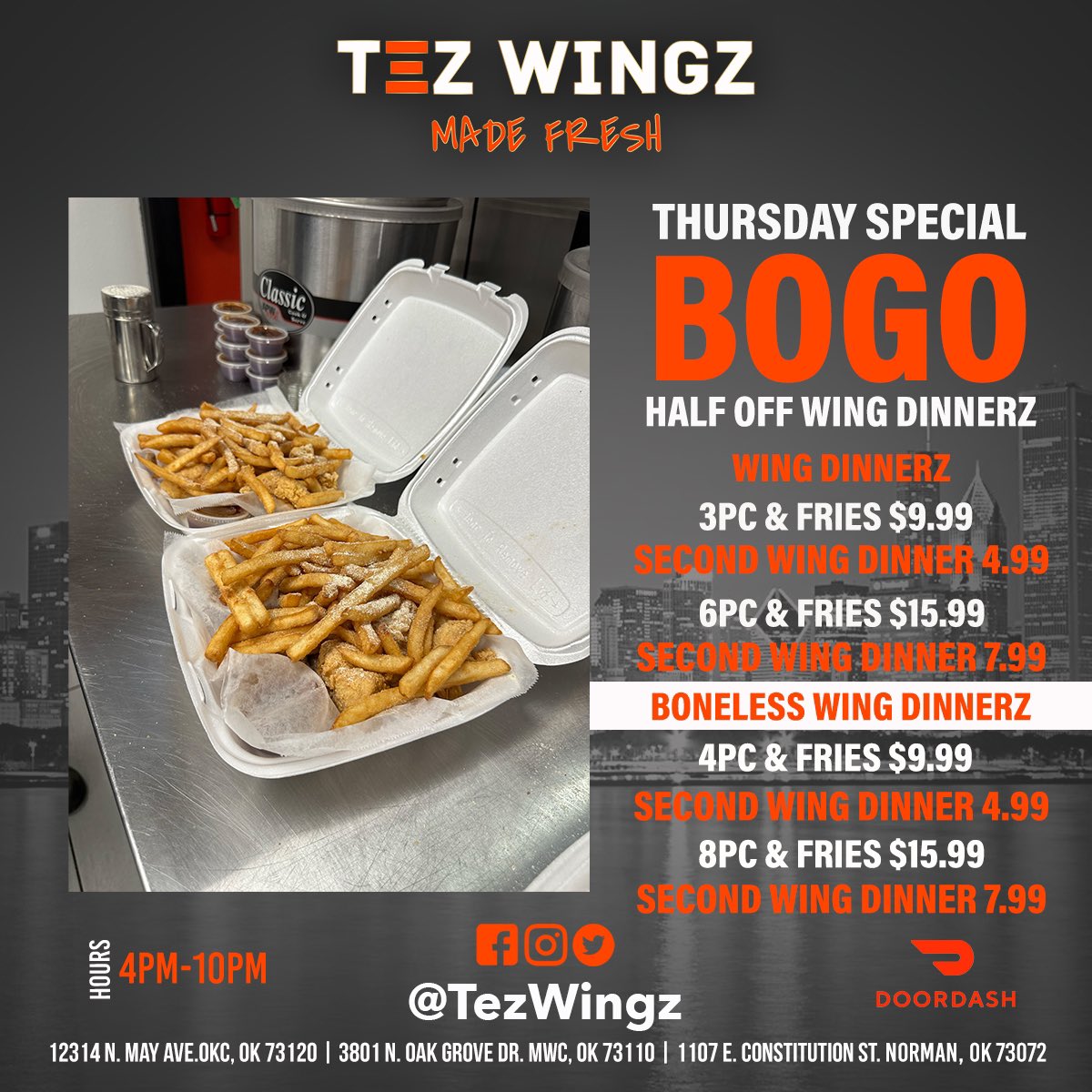 TezWingz's tweet photo. Thursday Special BOGO Half Off Wing Dinnerz! Stop by and take advantage of the best deal on Wingz in town! Midwest City, North OKC, &amp; Norman! #TezWingz https://t.co/ZjS0Jsn1KR