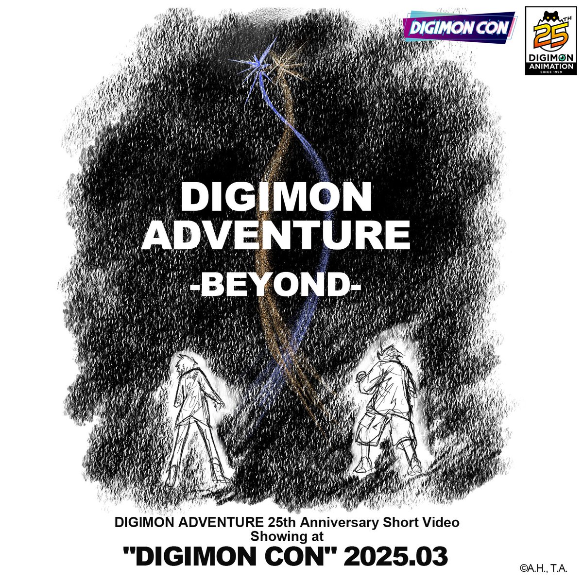 ToeiAnimation's tweet photo. 📣 Finale for the 25th Anniversary Celebration of #Digimon anime revealed! Digimon Adventure -BEYOND- is a special music video that will commemorate the anniversary with brand new animation! 

Directed by Hiroyuki Kakudo, series director of #DigimonAdventure and #DigimonAdventure02! Featuring Taichi, Yamato, and friends as grown-ups. 

Premieres at DIGIMON CON in March 2025! Stay tuned for more updates! 
First announced at #NYCC2024.
