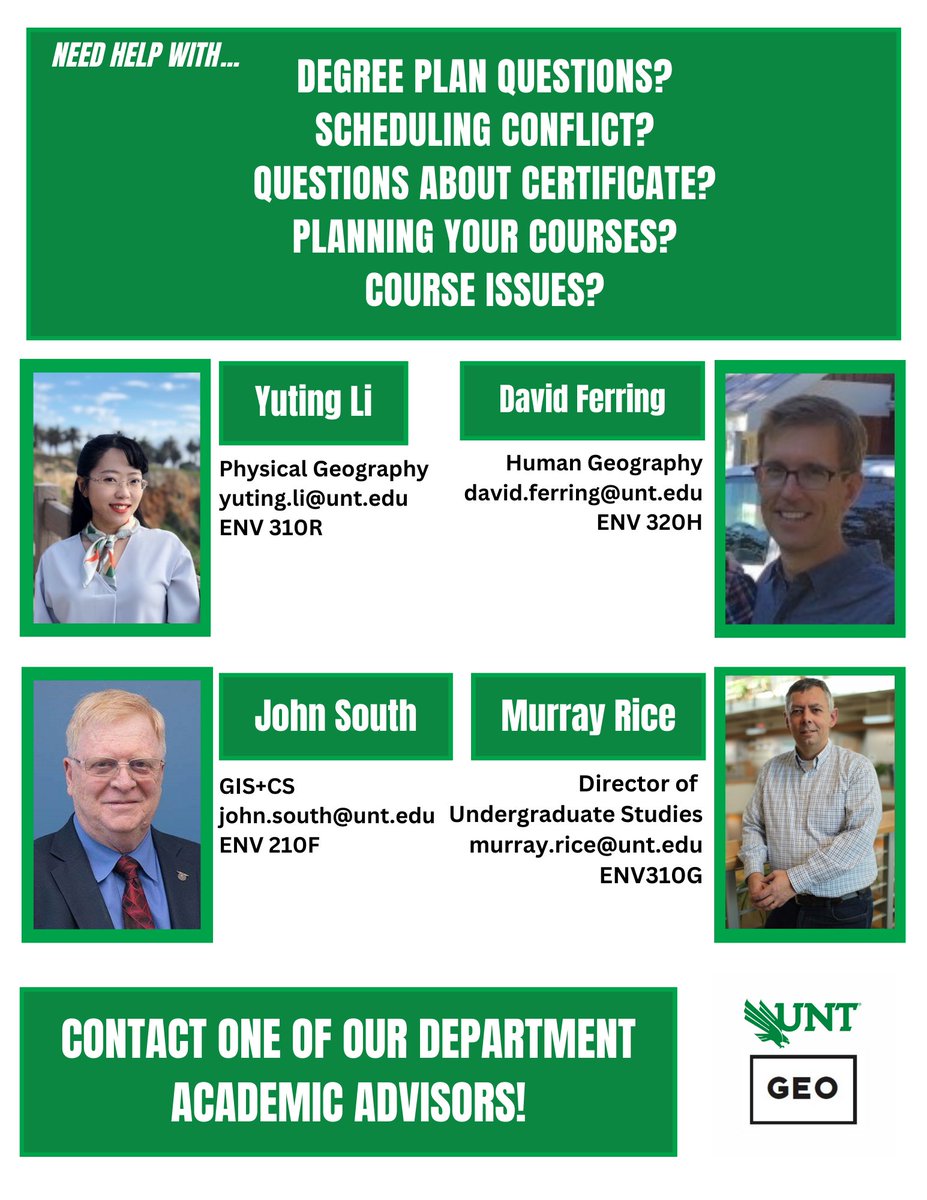 untgeography's tweet photo. Need a helping hand? 🤝
Meet our incredible academic advisors, here to guide you through your journey! 
Don’t hesitate to reach out! 📚💬 https://t.co/1fL89lOreq