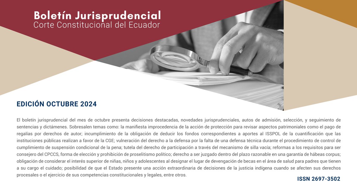 CorteConstEcu's tweet image. 📢BUENAS NOTICIAS | Ya está disponible la edición de Octubre 2024 del #BoletínJurisprudencialEc.

📔 Descubre las decisiones más destacadas, novedades jurisprudenciales y mucho más.

📲Accede y léelo, AQUÍ⬇️
tinyurl.com/2xzsul4f