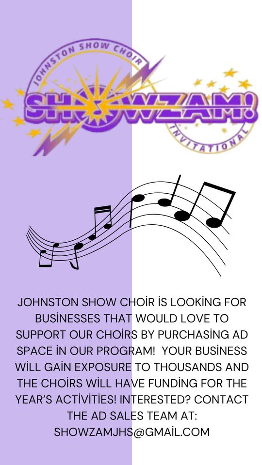 JOHNSTON SHOWZAM (@jcsd_showzam) on Twitter photo Support JHS Show Choirs and get exposure for your business! 💜💛
Contact the Ad Sales team at ShowzamJHS@gmail.com. Support JHS Show Choirs and get exposure for your business! 💜💛
Contact the Ad Sales team at ShowzamJHS@gmail.com.