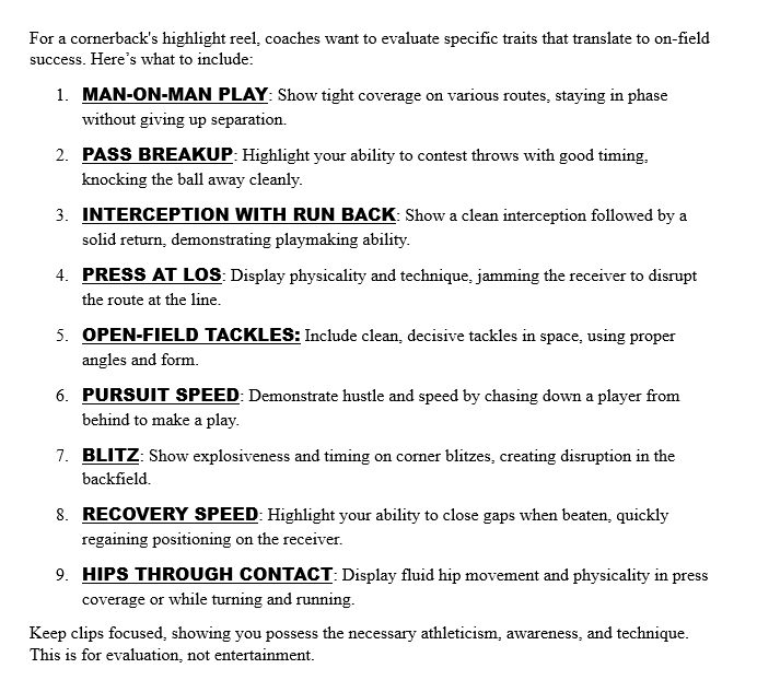 JR_Sandlin's tweet photo. RECRUITs: Must-Have Clips for (CB) Cornerback Film Evaluation.

#Recruiting101 https://t.co/iYg6mWcVyK