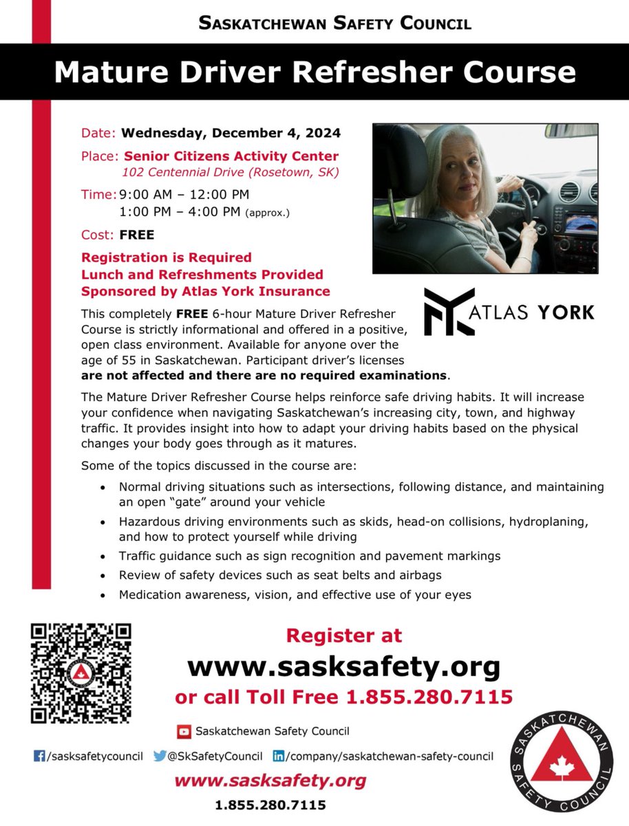 The Mature Driver Refresher Course is a great opportunity for seniors to maintain their independence while ensuring their safety on the road.  Thank you to @atlasyorkinsurance for sponsoring this event!  #agefriendlyrosetown